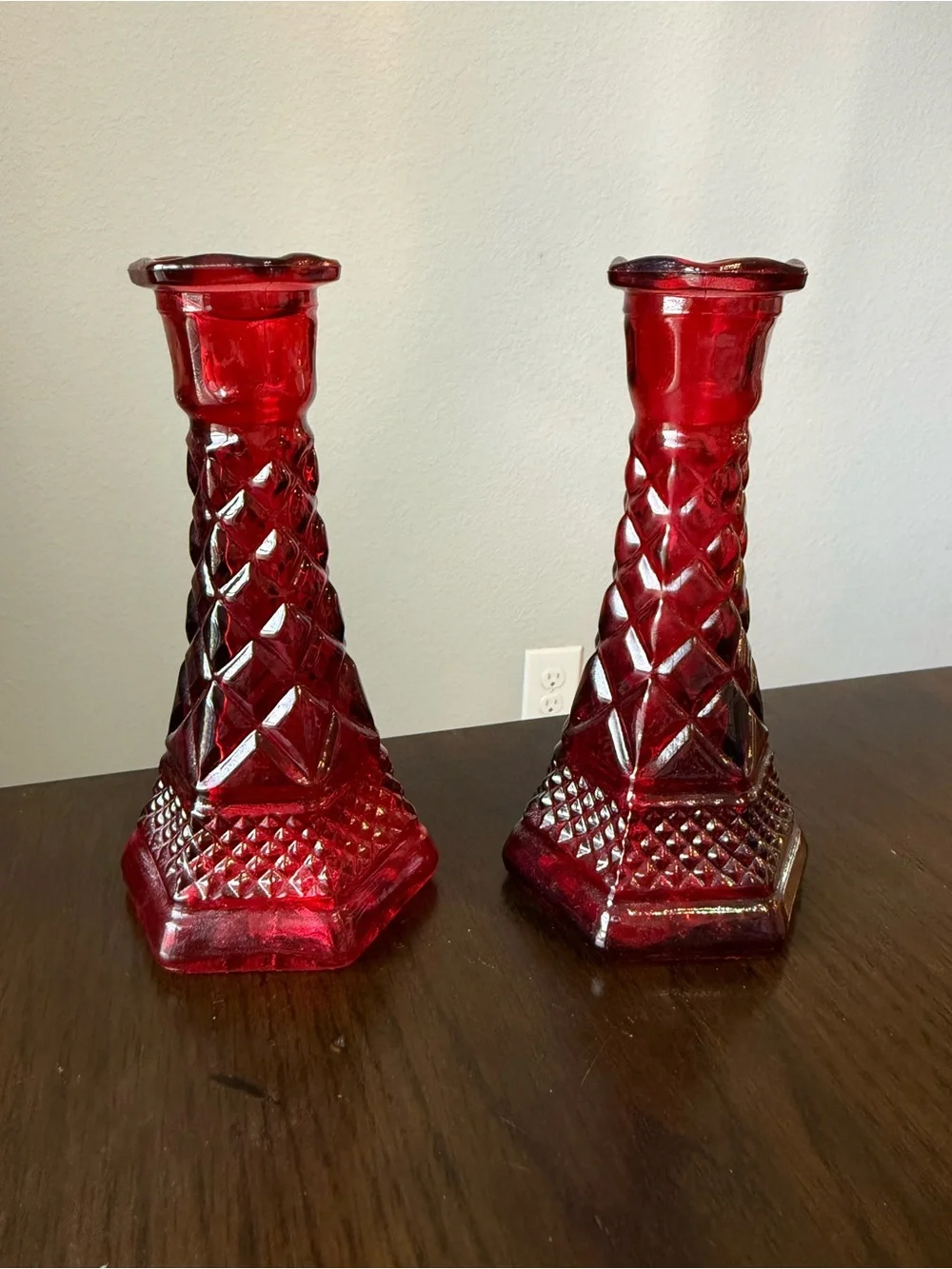 Vintage Anchor Hocking Bud Vase Flashed Ruby Red Glass Set Of 2  NEW